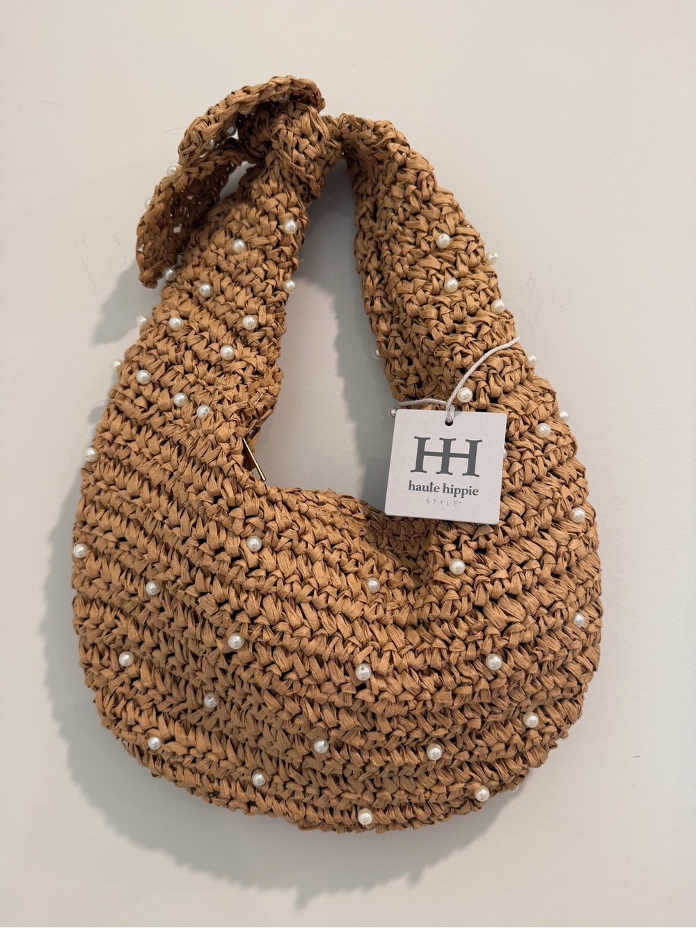 Haute Hippie Tan Crochet Pearl-Embellished Hobo Bag